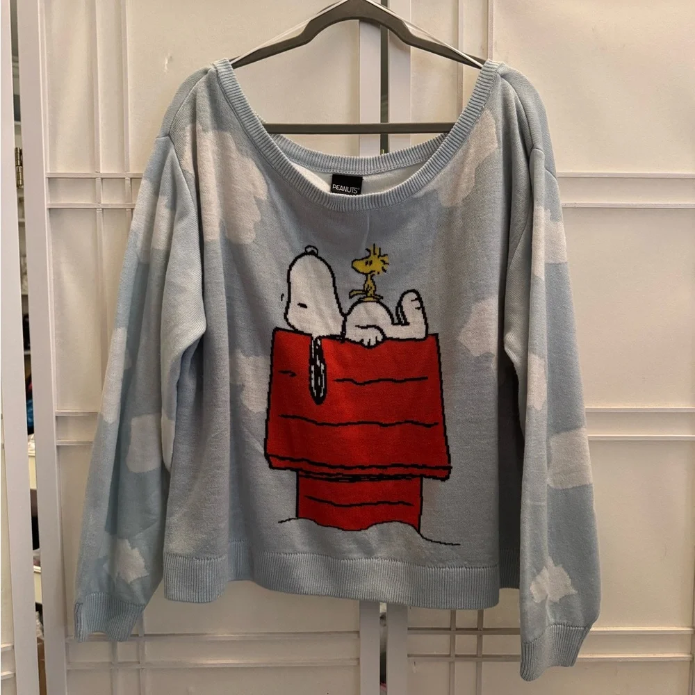 Peanuts Off-the-Shoulder Sweater - Light Blue and Red - Picture 7 of 8